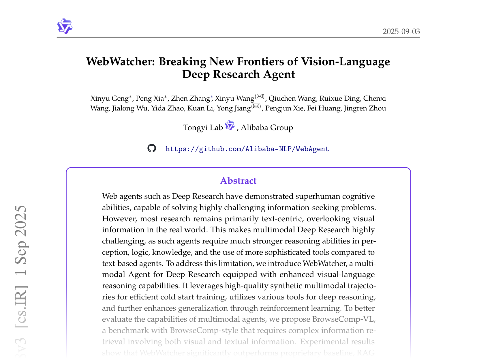 [WebWatcher: Breaking New Frontiers of Vision-Language Deep Research Agent 🔗](https://arxiv.org/abs/2508.05748)