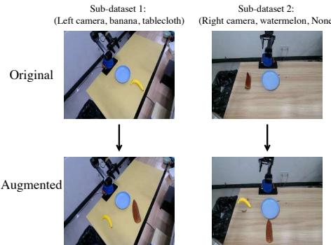 Example of Object Augmentation. Objects are swapped between scenes to force the model to learn object identity independent of the background.