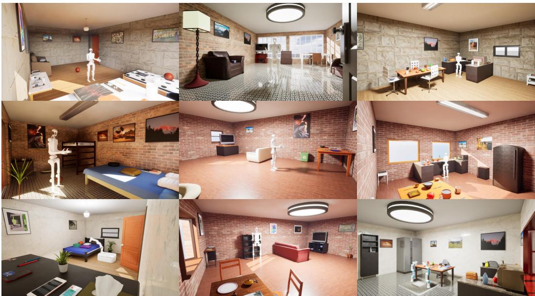 Figure 1: Overview of AgentWorld. AgentWorld simulation platform features several core abilities for embodied AI: (1) Procedural scene construction supporting various layout generation. (2) Abundant semantic 3D assets repository with realistic visual material and physical properties. (3) Mobile-based Teleoperation system for robotic manipulation.