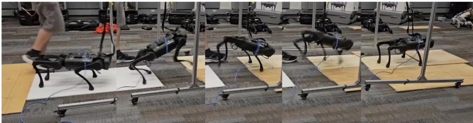 Figure 1: We deployed our policy on a real robot. The robot successfully leaps over the gap.