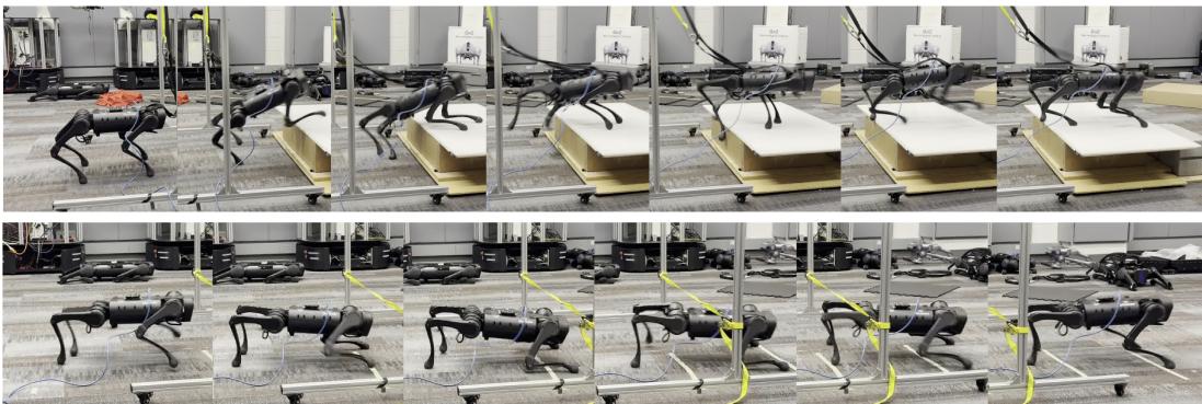 Figure 7: Both the climbing (top) and crawling (bottom) policies&rsquo; skills were tested on the real robot.