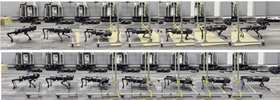 Figure 8: The crawling policy demonstrates robustness by successfully navigating under obstacles on different terrains: wood (top) and rubber mat (bottom).