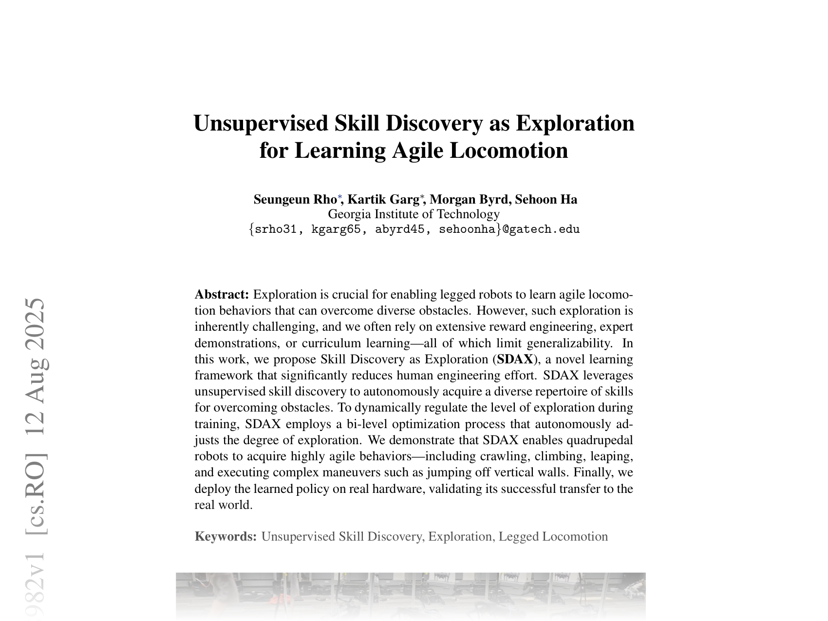 [Unsupervised Skill Discovery as Exploration for Learning Agile Locomotion 🔗](https://arxiv.org/abs/2508.08982)