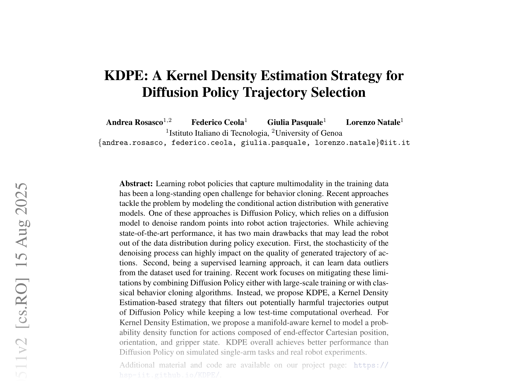 [KDPE: A Kernel Density Estimation Strategy for Diffusion Policy Trajectory Selection 🔗](https://arxiv.org/abs/2508.10511)