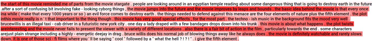 Example of red highlighted text showing a generated rationale for a movie review.