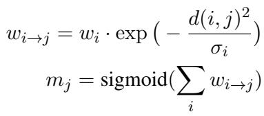 Equations showing how weights w and distances d create the mask m.