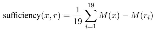 Formula for sufficiency, measuring prediction drop on rationale input.