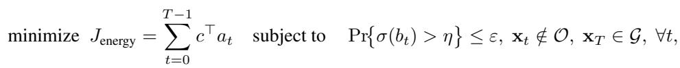 Optimization equation: Minimize energy subject to probability of risk being less than epsilon.