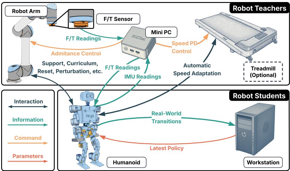 Figure 2: System Setup. We illustrate the system architecture and component interactions. The system consists of two groups: robot teachers and robot students. The teachers include a robot arm with an F/T sensor,a mini PC,and an optional treadmill for locomotion tasks; the students include a humanoid robot and a workstation for policy training. The four types of lines represent physical interaction,data transmission, control commands,and neural network parameters,respectively.