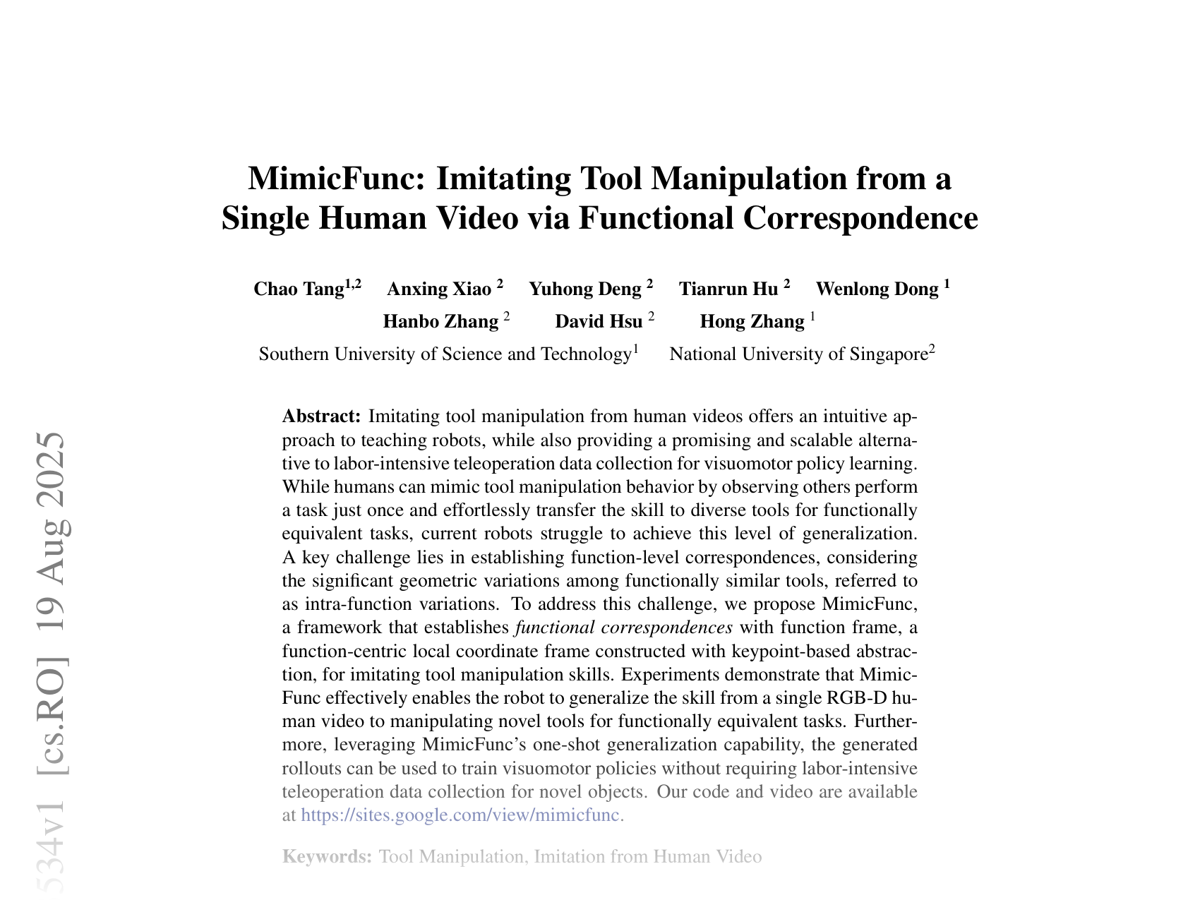 [MimicFunc: Imitating Tool Manipulation from a Single Human Video via Functional Correspondence 🔗](https://arxiv.org/abs/2508.13534)