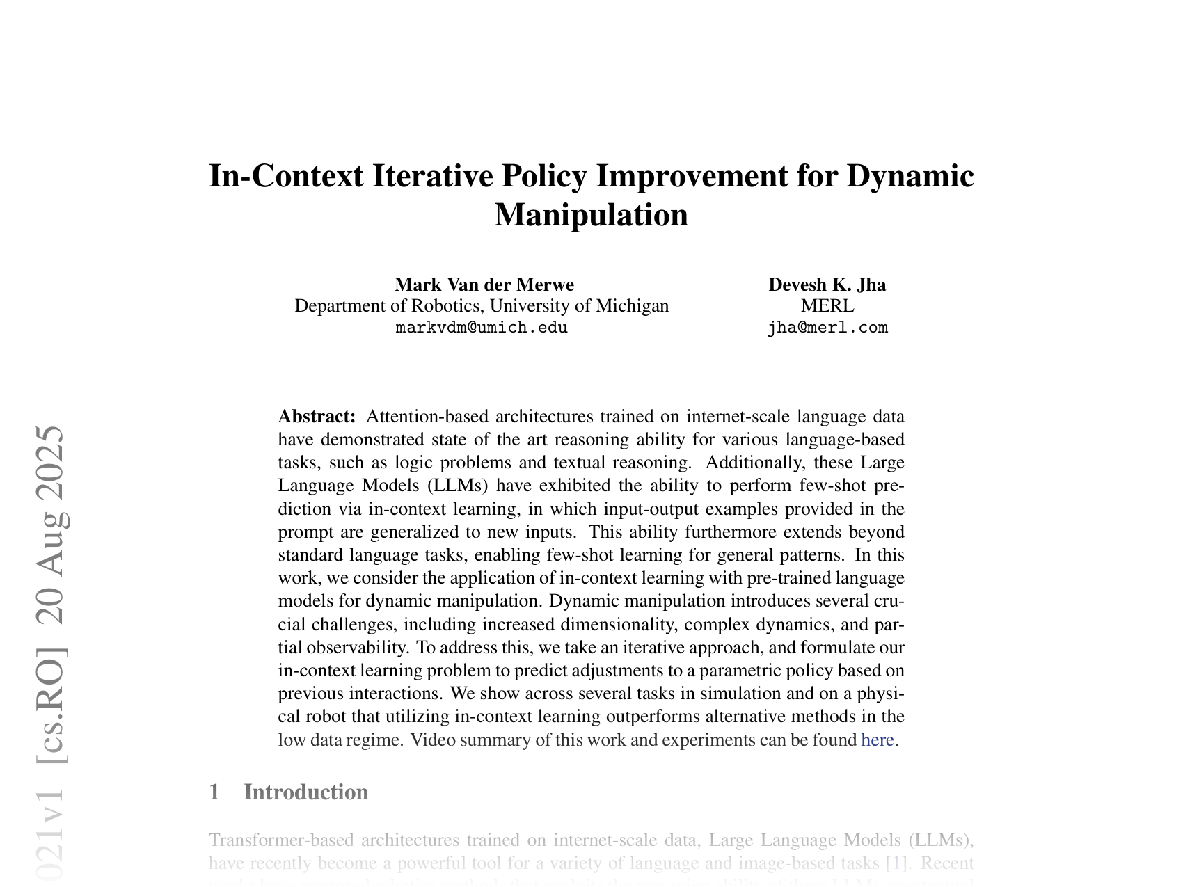 [In-Context Iterative Policy Improvement for Dynamic Manipulation 🔗](https://arxiv.org/abs/2508.15021)