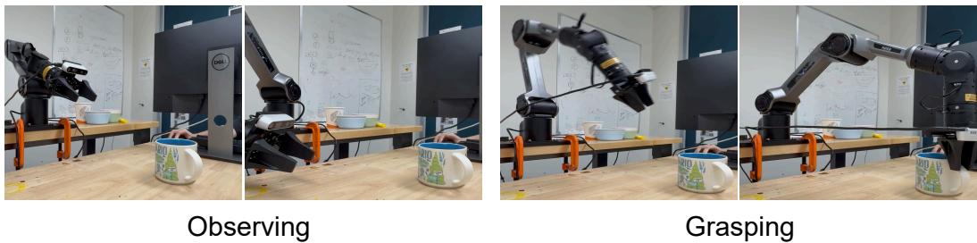 Figure 11: Step-by-step visualization of the robotic grasp. Observing, refining geometry, and executing the grasp.