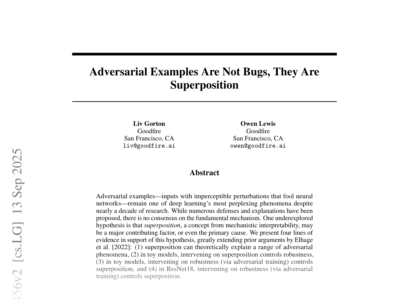[Adversarial Examples Are Not Bugs, They Are Superposition 🔗](https://arxiv.org/abs/2508.17456)