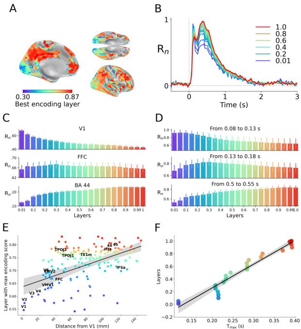 Figure 3 illustrates hierarchical alignment: early (blue) to late (red) layers along visual pathways; strong correlations between model depth and both spatial distance from V1 and processing time Tmax.