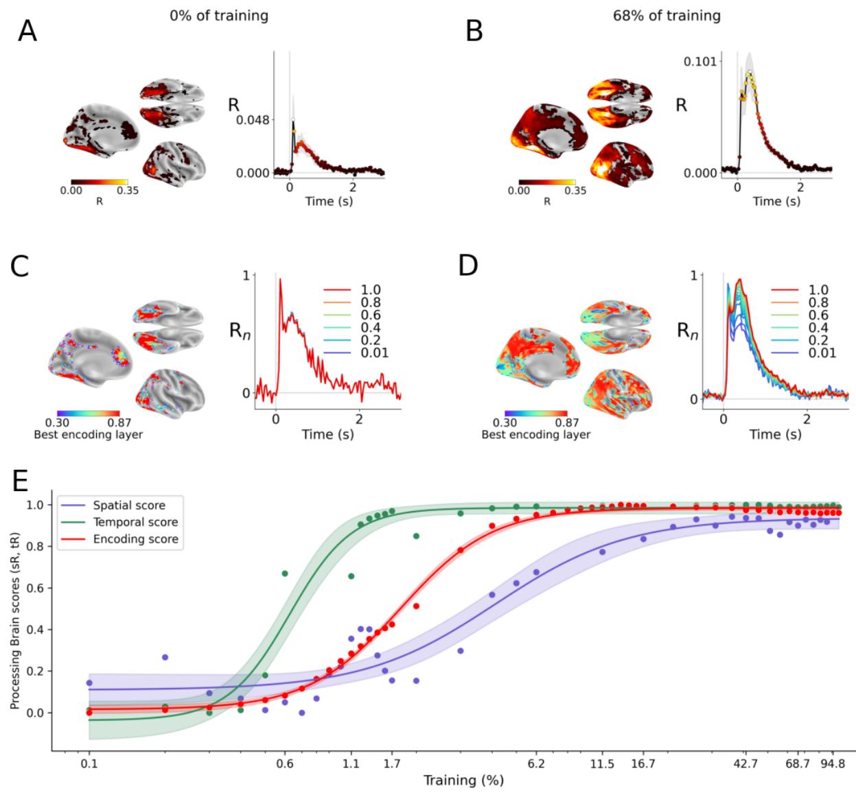 Figure 4 contrasts an untrained model (Panels A, C) with a partially trained one (Panels B, D) and shows steady gains in encoding, spatial, and temporal scores over training (Panel E).