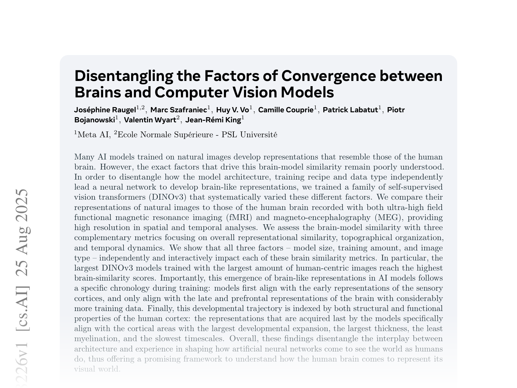 [Disentangling the Factors of Convergence between Brains and Computer Vision Models 🔗](https://arxiv.org/abs/2508.18226)