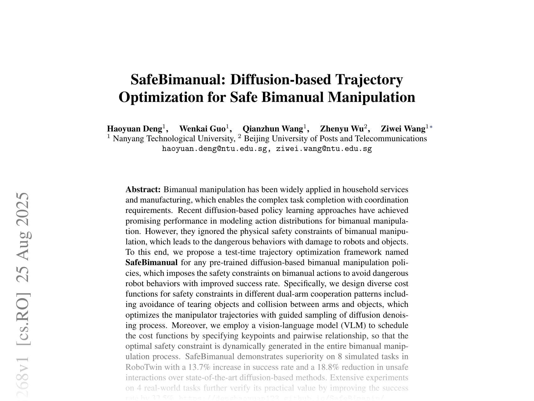 [SafeBimanual: Diffusion-based Trajectory Optimization for Safe Bimanual Manipulation 🔗](https://arxiv.org/abs/2508.18268)
