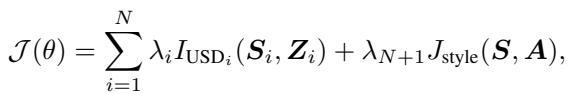 Equation for the total objective function, summing intrinsic rewards and style rewards.