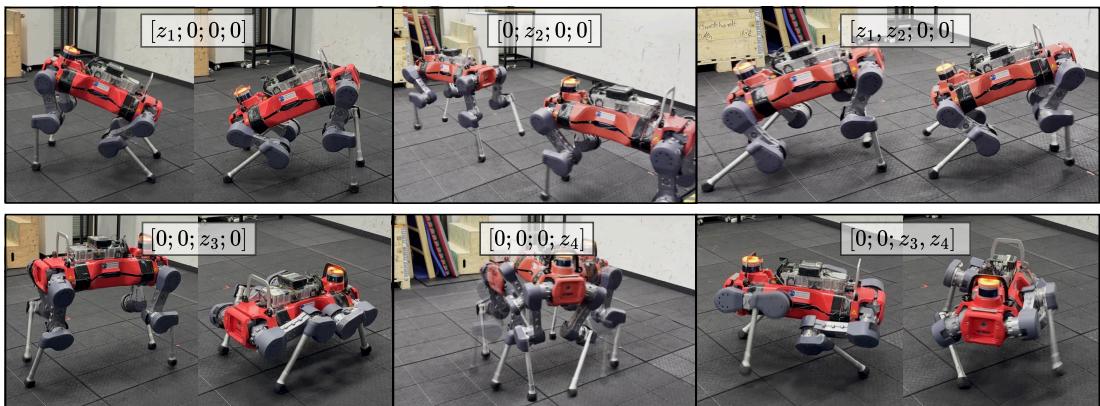 Figure 3: Deployment of learned skills on the real robot. The learned structured skill space enables intuitive and composable control.