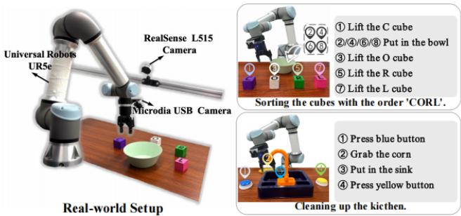 Figure 3: Real-world setup showing the robot arm and the sorting/cleaning tasks.