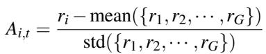 The formula for calculating the advantage in GRPO, which normalizes the reward of a trajectory against the mean and standard deviation of rewards in its group.