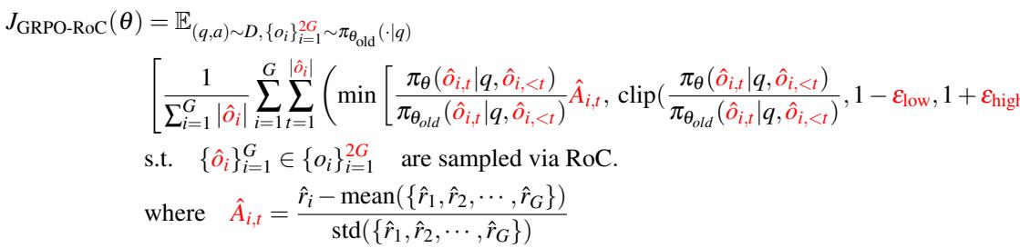 The final objective function for GRPO-RoC, which incorporates the Resample-on-Correct strategy.