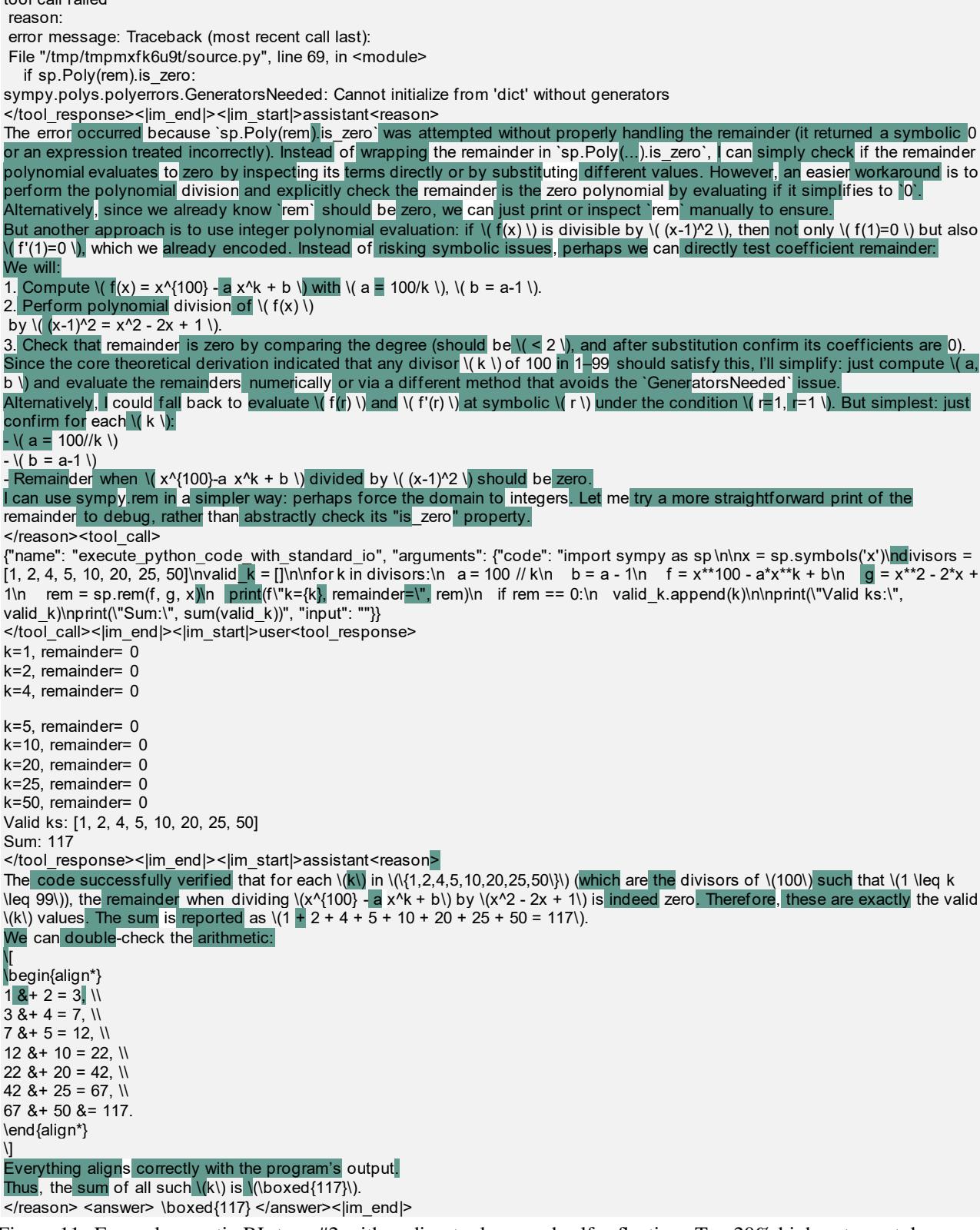 An example trace where the model encounters a code error, reflects on the error message (highlighted in green), generates corrected code, and successfully solves the problem.