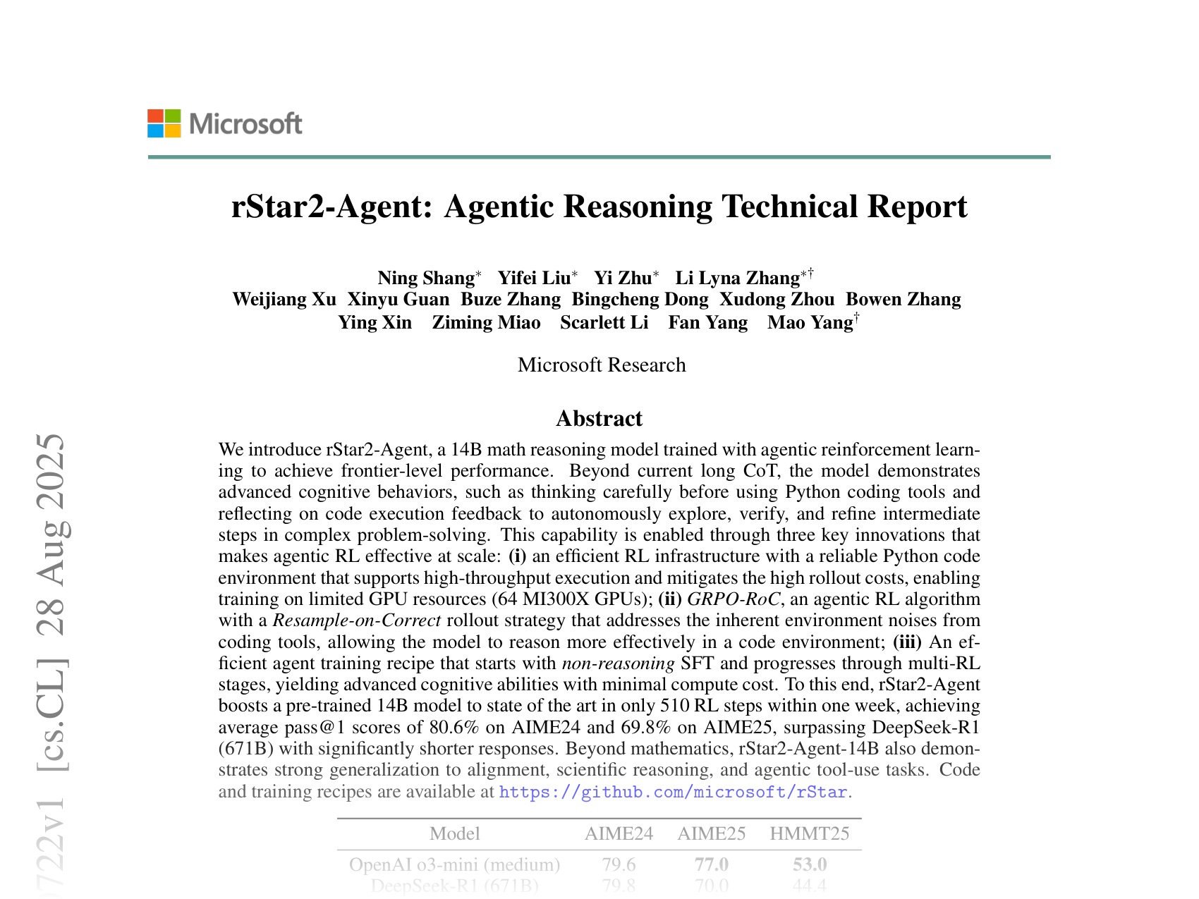 [rStar2-Agent: Agentic Reasoning Technical Report 🔗](https://arxiv.org/abs/2508.20722)