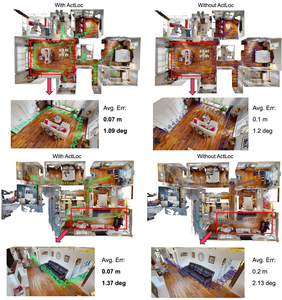 图 9: 路径规划可视化。对比 ActLoc (左) 与基线 (右) 。