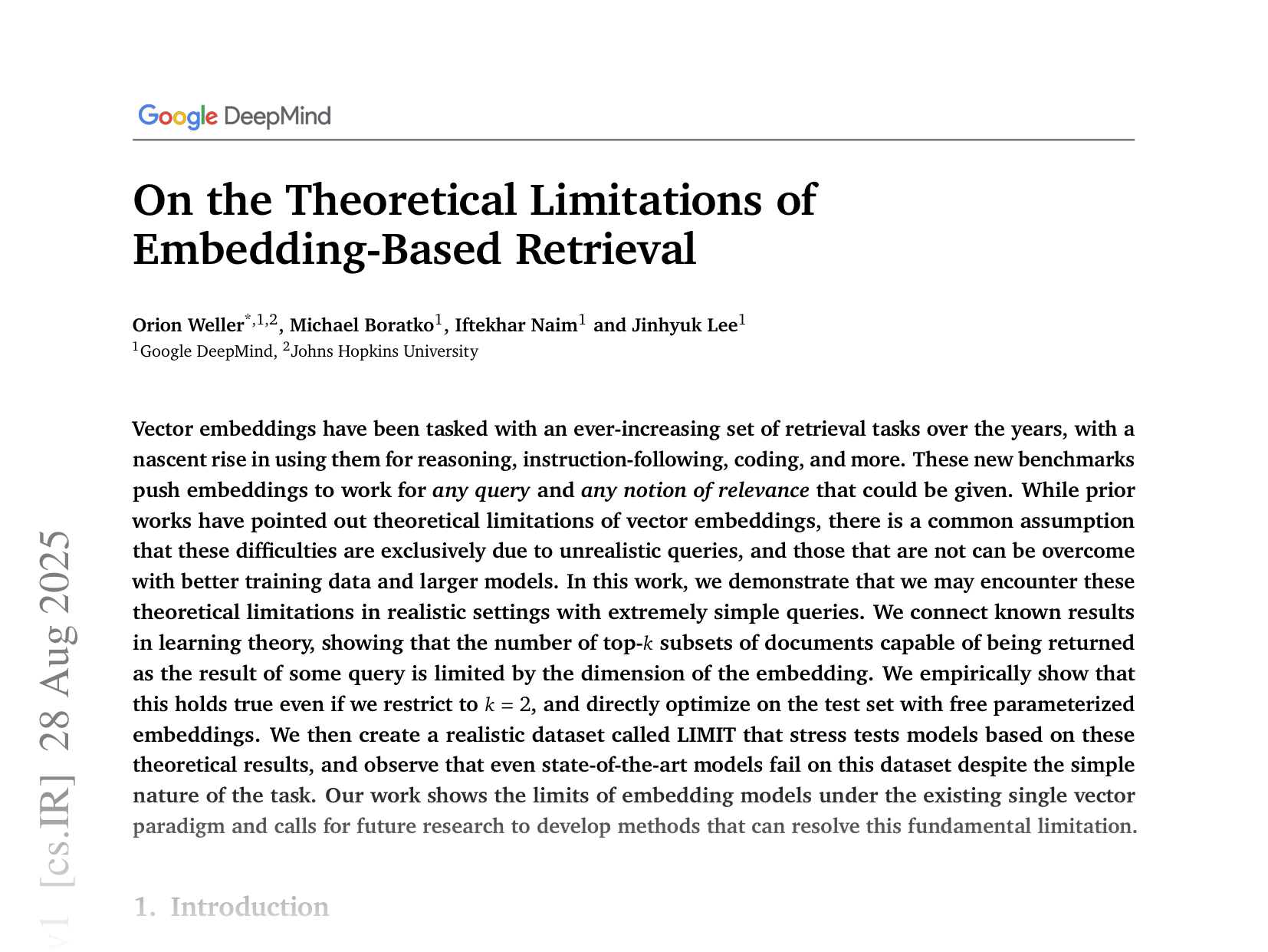 [On the Theoretical Limitations of Embedding-Based Retrieval 🔗](https://arxiv.org/abs/2508.21038)