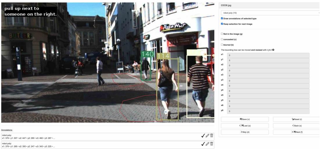 Figure 6: Annotation interface for multi-target samples in the GRiN-Drive benchmark. Annotators were instructed to provide polygons for an arbitrary number of target regions in the given image, corresponding to the navigation instruction.