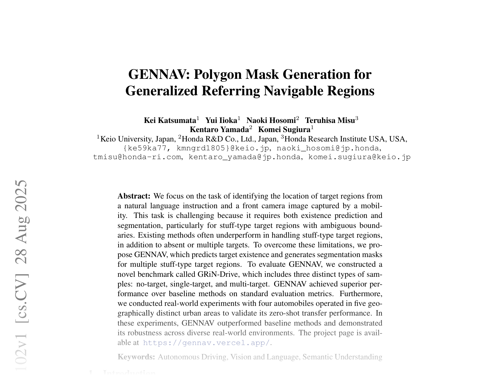 [GENNAV: Polygon Mask Generation for Generalized Referring Navigable Regions 🔗](https://arxiv.org/abs/2508.21102)