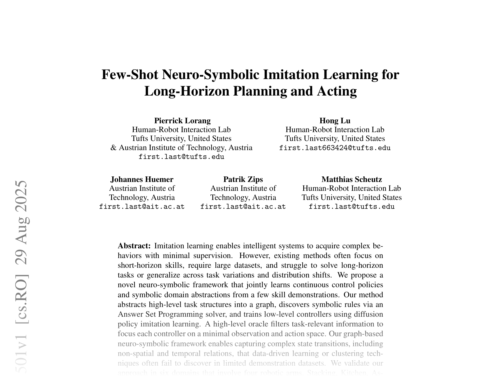 [Few-Shot Neuro-Symbolic Imitation Learning for Long-Horizon Planning and Acting 🔗](https://arxiv.org/abs/2508.21501)
