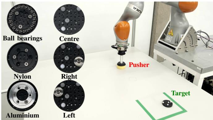 Figure 11: Hardware setup showing different pucks and surface materials.