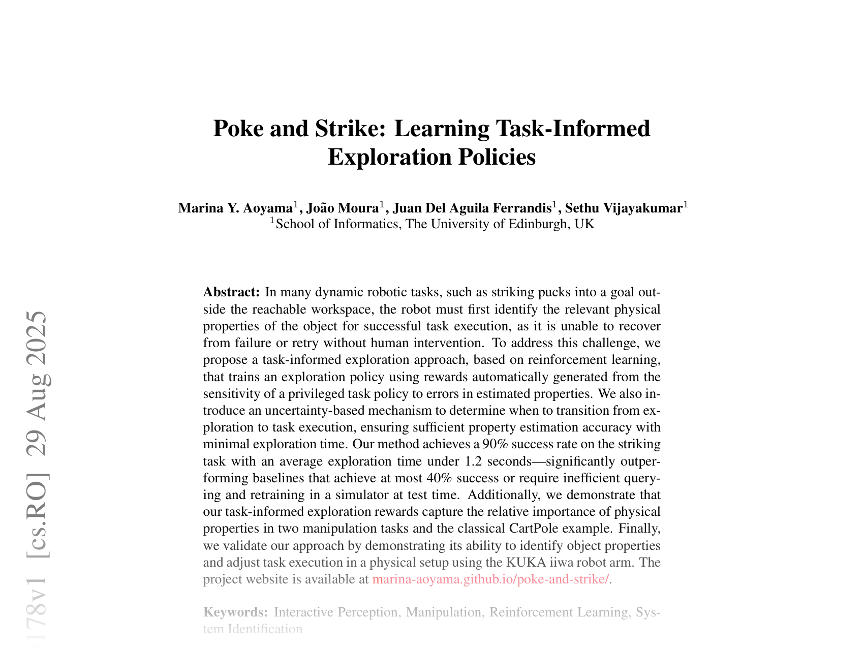 [Poke and Strike: Learning Task-Informed Exploration Policies 🔗](https://arxiv.org/abs/2509.00178)