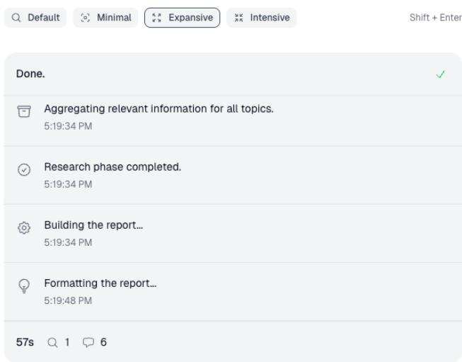 A screenshot of the UDR interface after completing a research task about the airspeed velocity of an unladen swallow, showing progress notifications and the final formatted report.