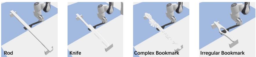 Figure 17: Uneven Object Dataset Examples: From left to right, we show examples of the visual appearance of rod, knife, complex bookmark and iregular bookmark in our uneven object dataset.
