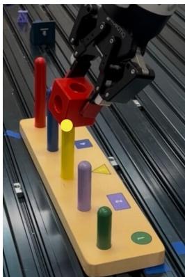 Comparison of Baseline DMP vs. Our Method. (b) Baseline DMP fails to adapt to rod height.
