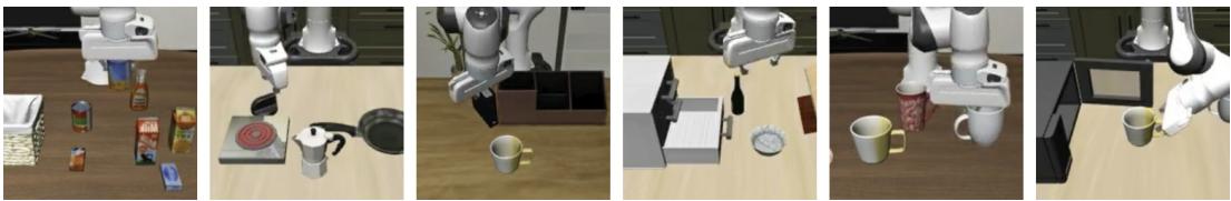 Figure 4: Sample tasks from LIBERO-Long. Six representative long-horizon tasks - involving sequential manipulation goals such as object placement, containment, and appliance interaction.