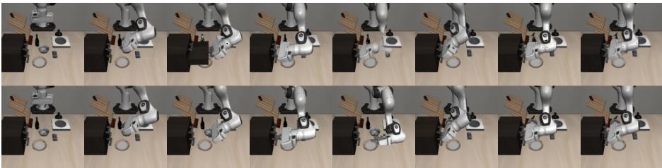 Figure 12: Evaluation rollout of the system without Video-Depth-Anything failing to open the drawer due to biased spatial pose estimation. The first row shows generated RGB frames; the second row shows the simulation environment.