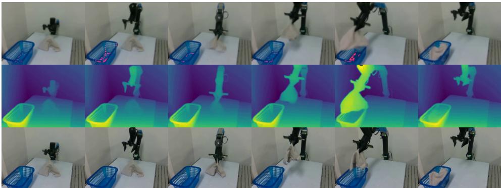 Figure 22: Evaluation rollout of real world task put the rag in the trash bin. The first and second rows show generated RGB and depth frames, respectively; the third row shows the real world environment.