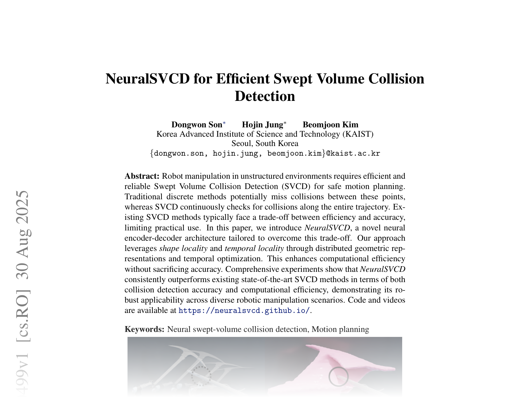 [NeuralSVCD for Efficient Swept Volume Collision Detection 🔗](https://arxiv.org/abs/2509.00499)