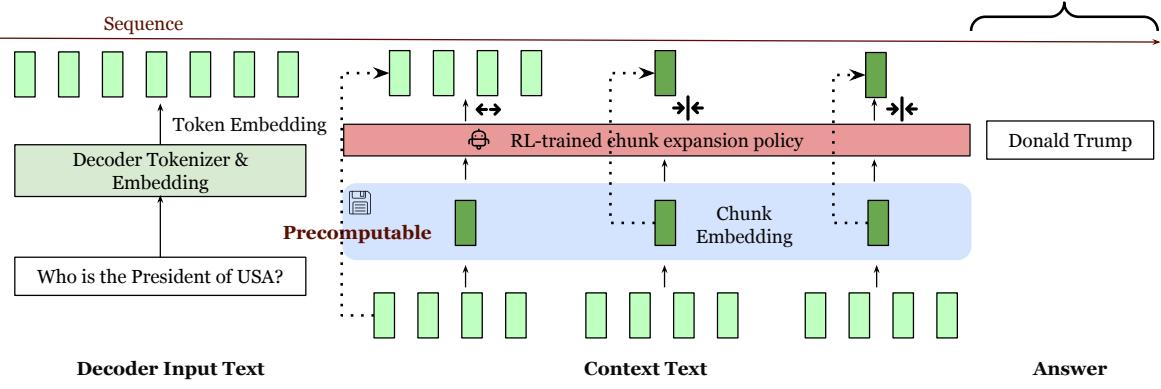 Diagram showing selective token compression, where an RL policy decides whether to use a compressed chunk embedding or expand the chunk to its full token representation.
