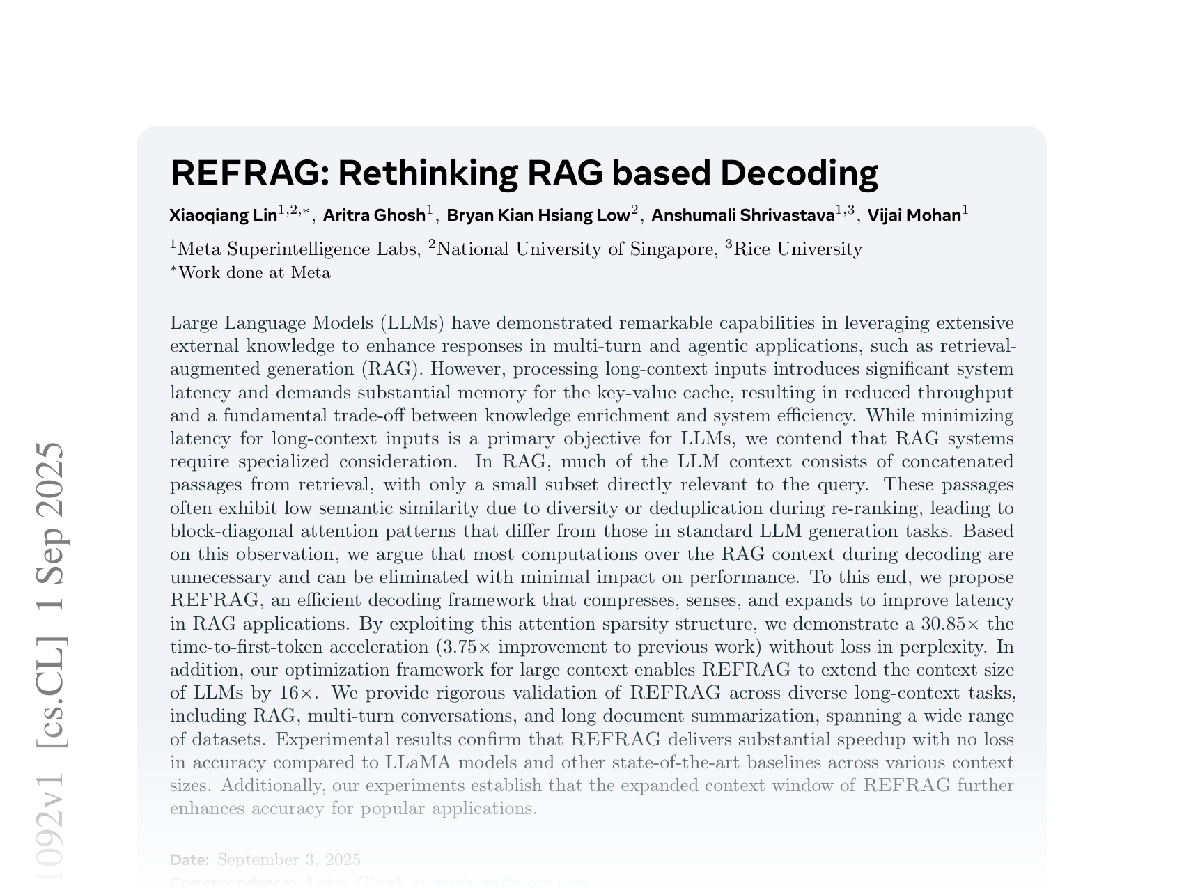 [REFRAG: Rethinking RAG based Decoding 🔗](https://arxiv.org/abs/2509.01092)