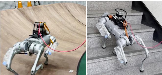 Figure 8: Additional deployment results showing the multi-DMCM policy. The right image shows the robot successfully climbing stairs with a payload using the recombined contexts.