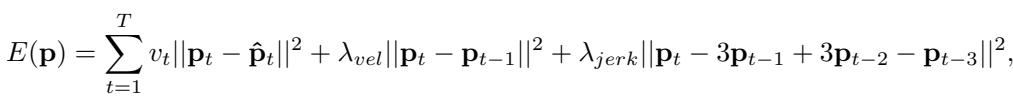 The smoothing cost function. The first term keeps the point close to the observation. The second and third terms penalize sudden changes in velocity and acceleration (jerk).