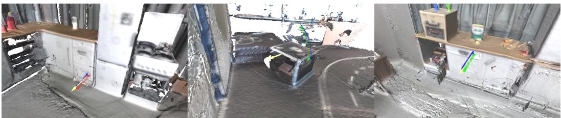 Qualitative results showing the estimated axes and trajectories for a drawer and a storage case. The system correctly identifies the motion models despite the cluttered environment.