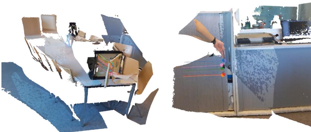 Visual comparison of smoothed point trajectories for a revolute joint (cabinet) and a prismatic joint (slider). Different colors represent different tracked keypoints.