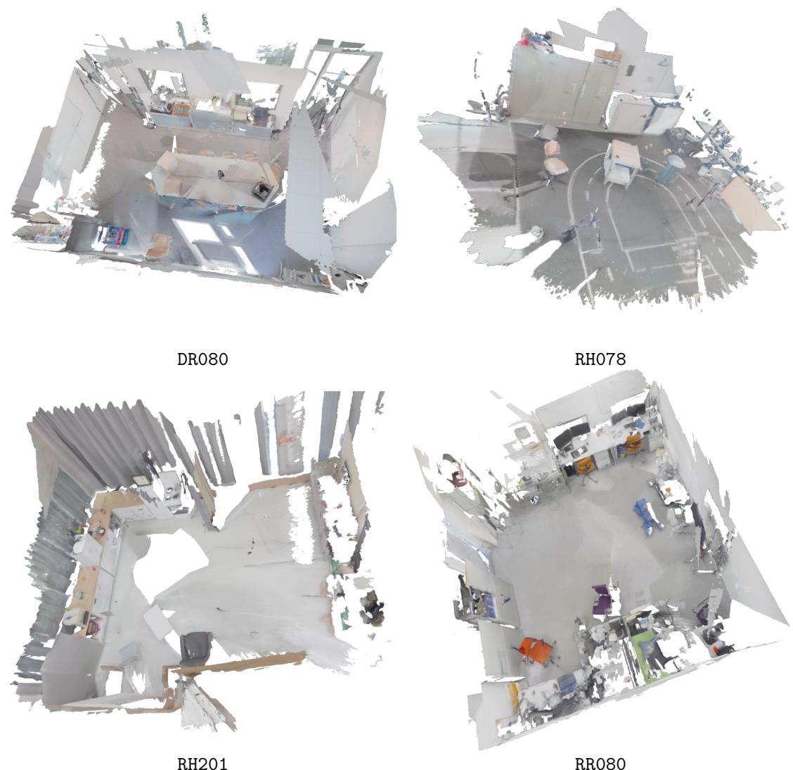 Reconstructed scenes from the Arti4D dataset. These 3D maps provide the context for the articulation interactions.