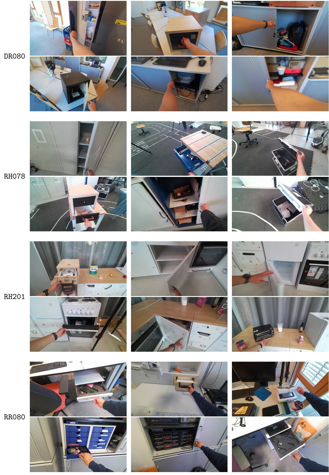 Visualizations of object interactions in the Arti4D dataset. Notice the clutter, different lighting conditions, and variety of objects (drawers, fridges, toolboxes).